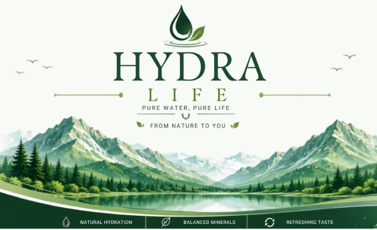 Hydra Life logo lockup: droplet-and-leaf mark, HYDRA LIFE wordmark over a layered mountain and lake illustration
